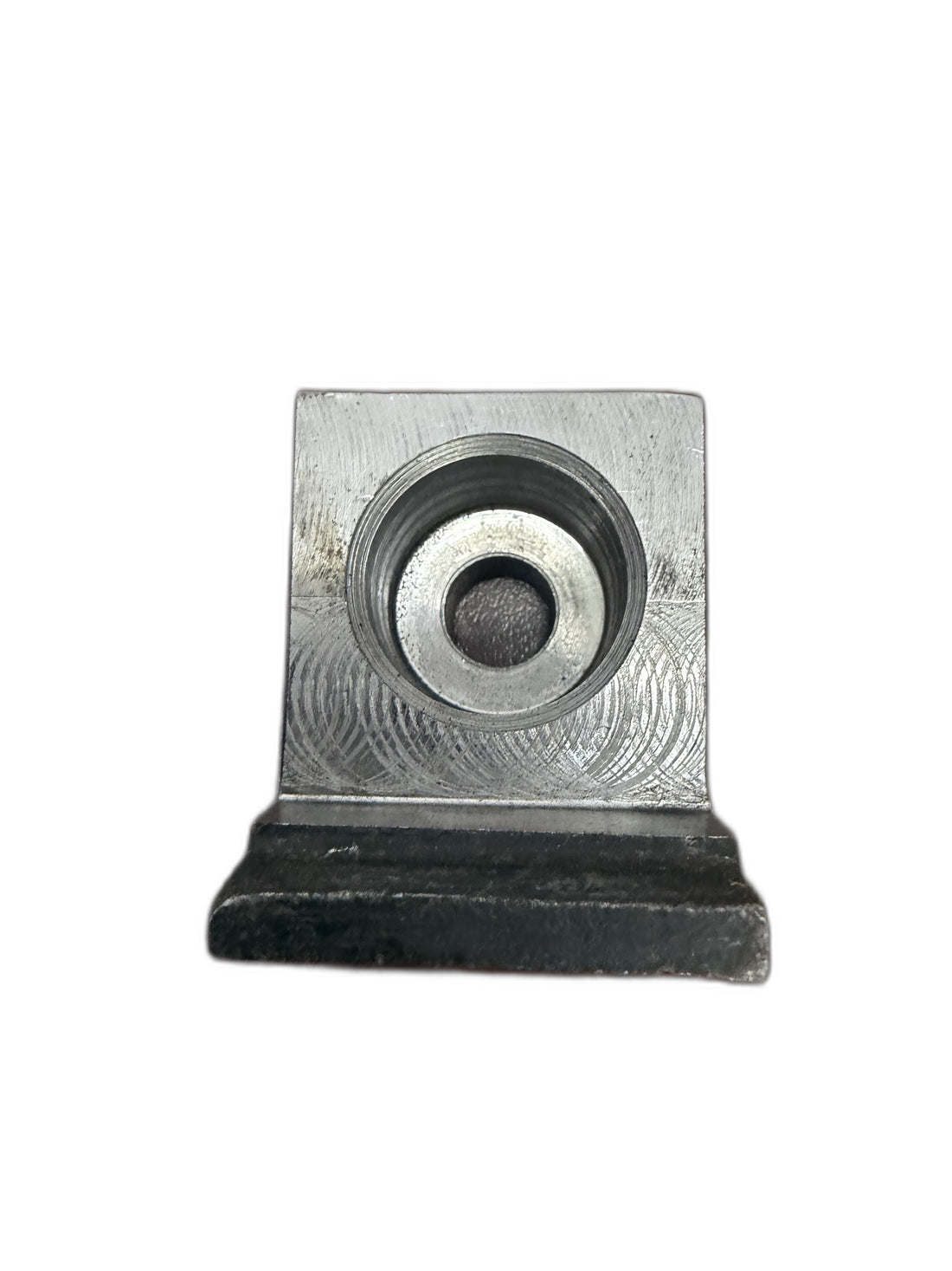 Weld-on mulcher teeth mounting bracket — top counterbore (white background)
